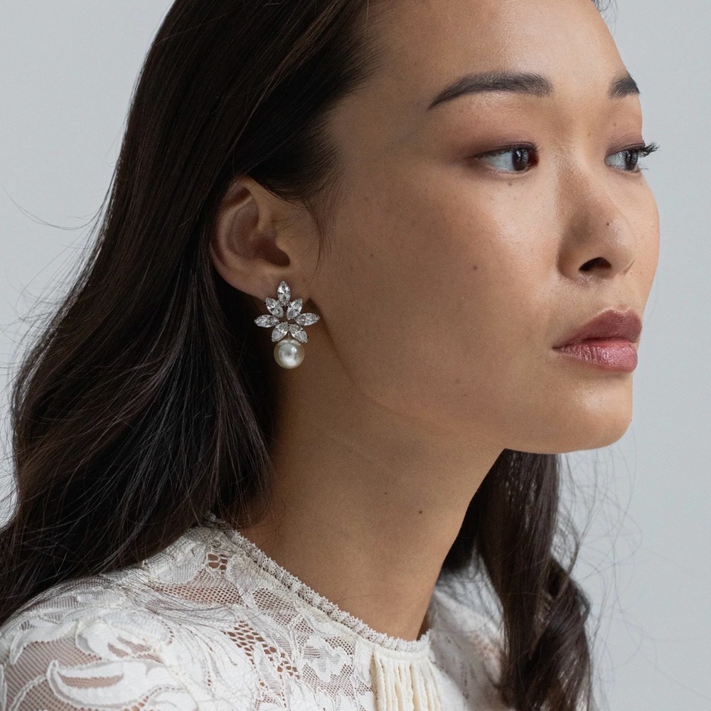 Jennifer Behr Liza Earring - Crystal Floral Pearl Drop Earrings - White